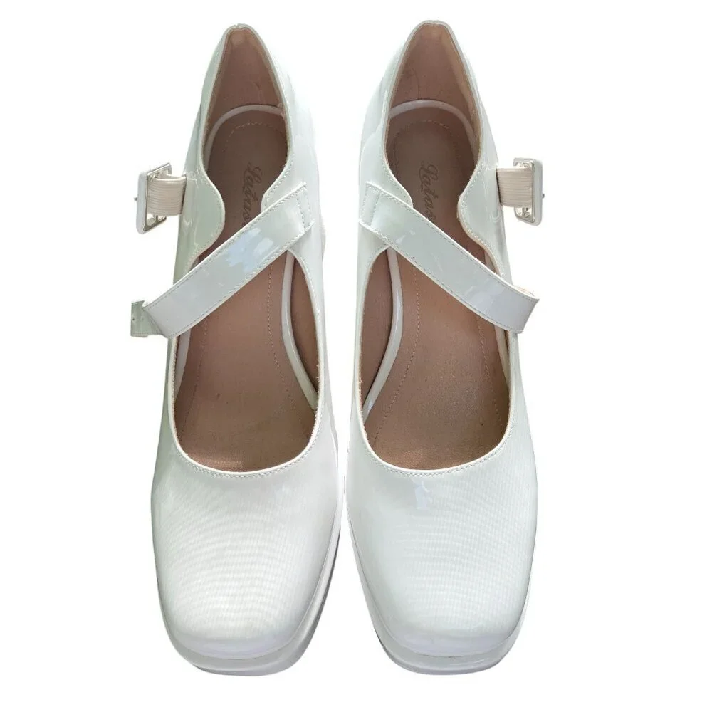 Latasa White Faux Patent Leather Platform Mary Jane Square Toe Size 40/9.5